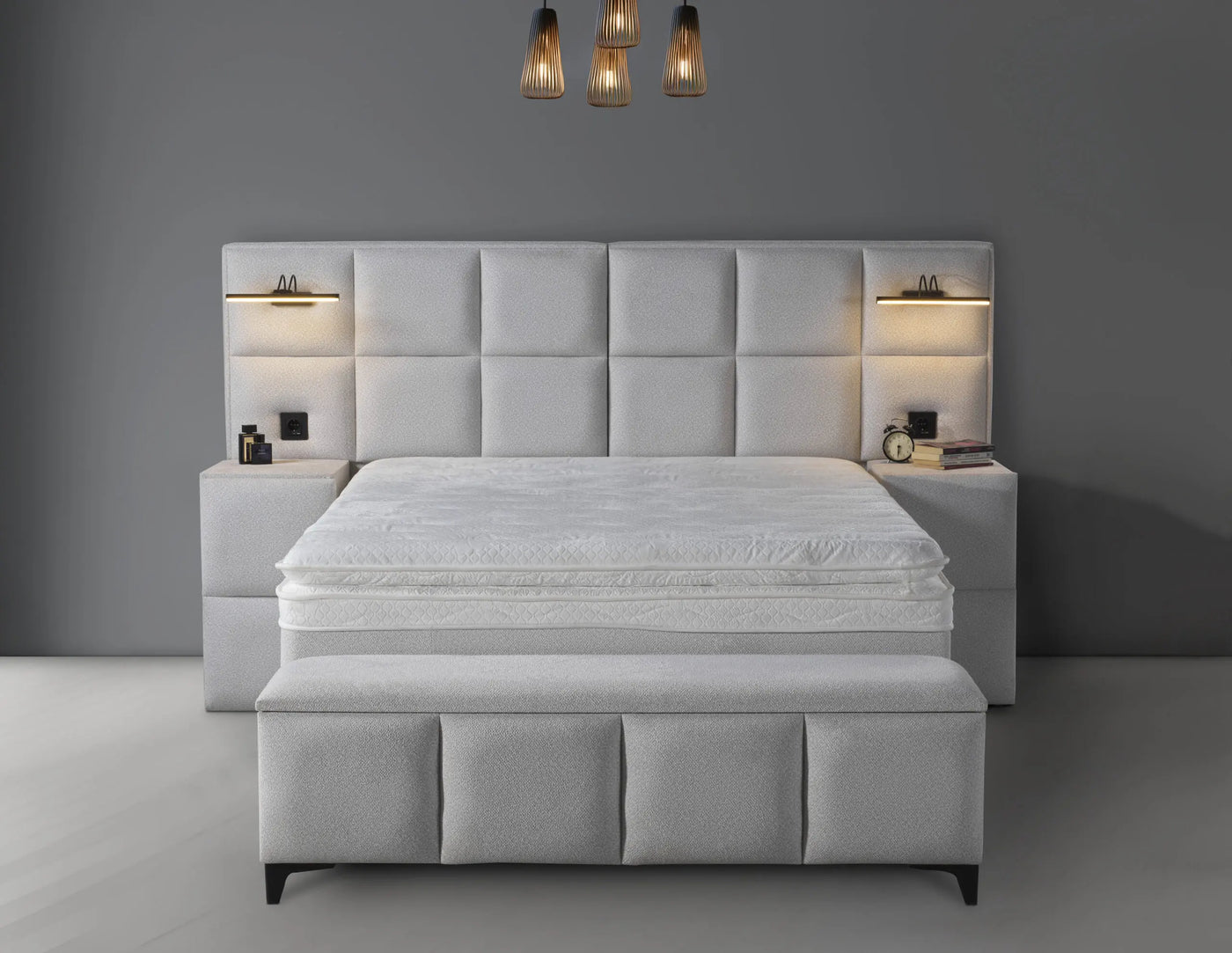 AURA | Boxspring | Off-white | Wide HB | 140×200 to 200×200 | Lamps and socket with USB input and charger input | Various sizes available