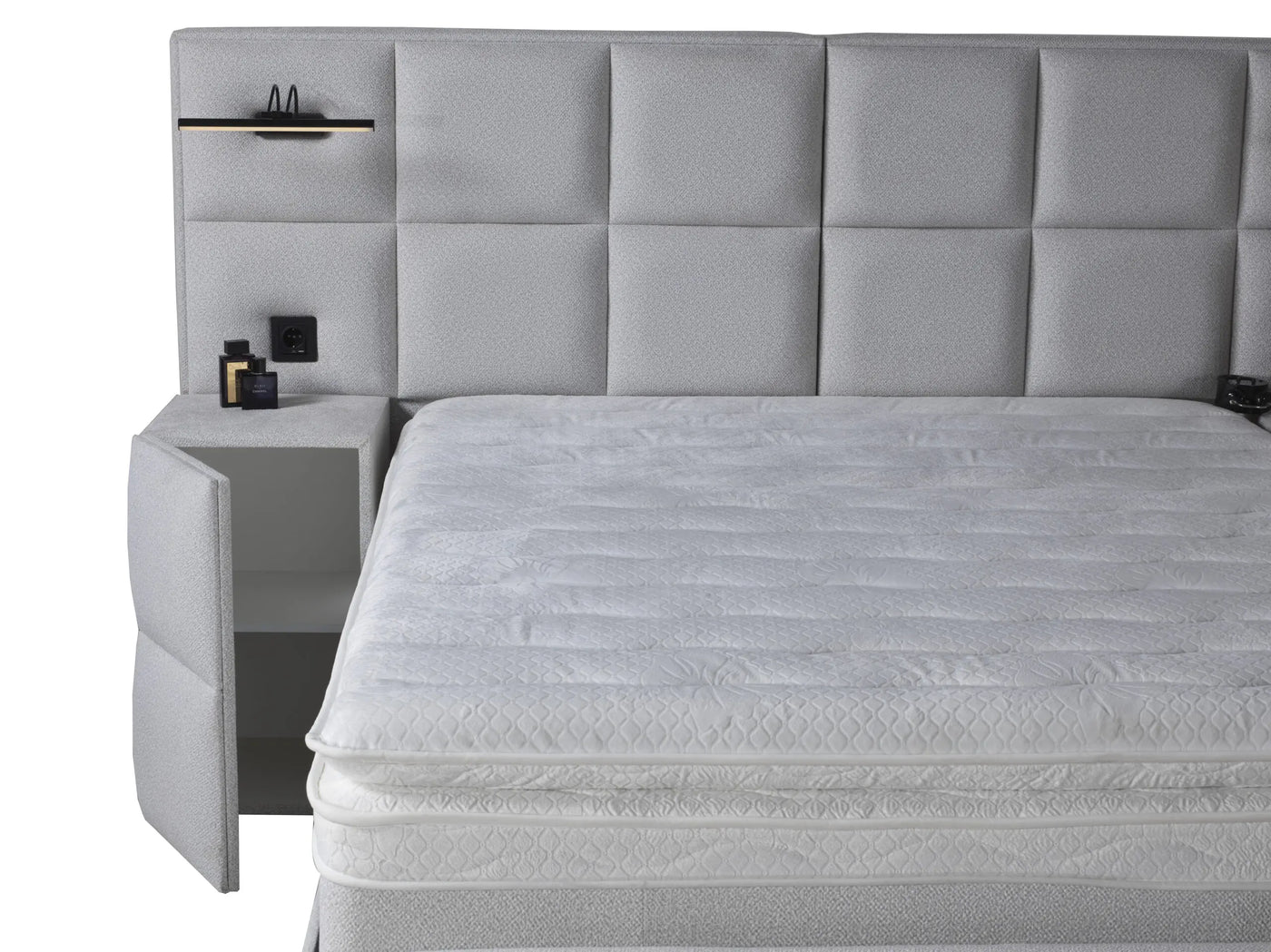 AURA | Boxspring | Off-white | Wide HB | 140×200 to 200×200 | Lamps and socket with USB input and charger input | Various sizes available
