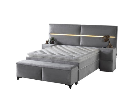 RIMA | Boxspring | Grey | Wide HB | 140×200 to 200×200 | Headboard with lamps included