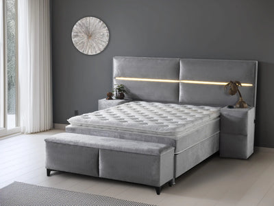 RIMA | Boxspring | Grey | Wide HB | 140×200 to 200×200 | Headboard with lamps included