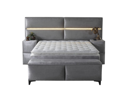 RIMA | Boxspring | Grey | Wide HB | 140×200 to 200×200 | Headboard with lamps included
