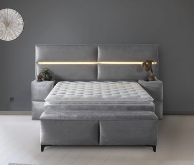 RIMA | Boxspring | Grey | Wide HB | 140×200 to 200×200 | Headboard with lamps included