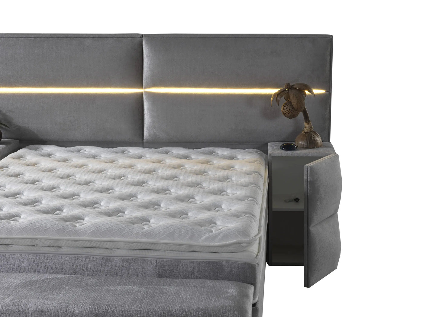 RIMA | Boxspring | Grey | Wide HB | 140×200 to 200×200 | Headboard with lamps included