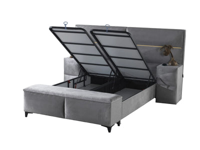 RIMA | Boxspring | Grey | Wide HB | 140×200 to 200×200 | Headboard with lamps included