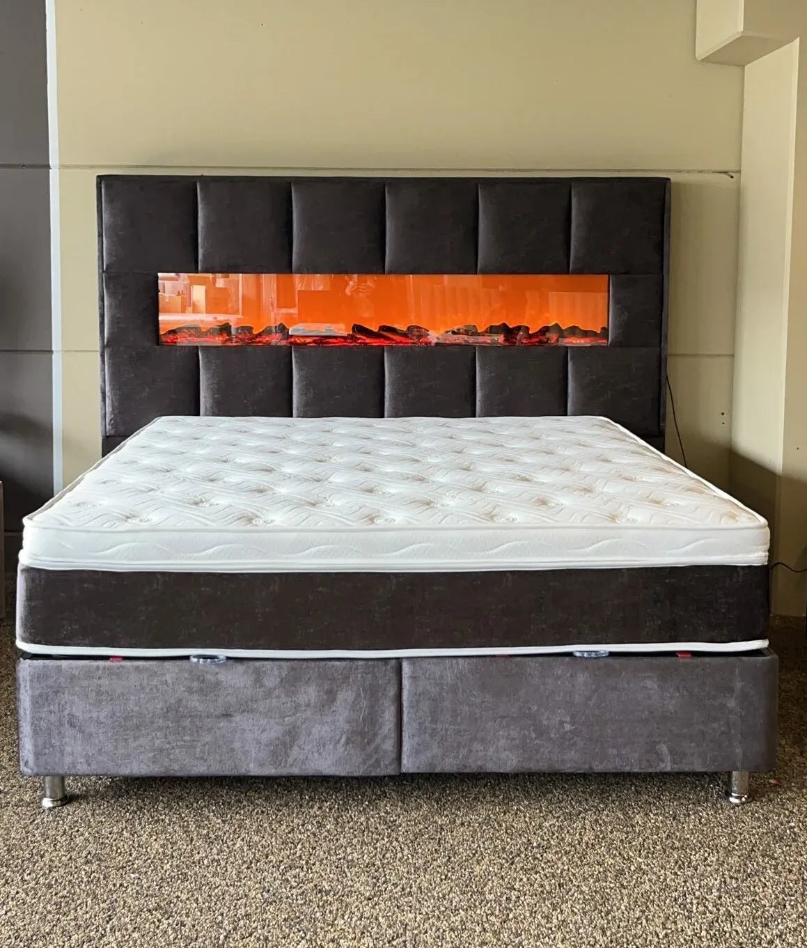 Vulcano | Luxe Boxspring met Open Haard en opbergruimte | 140×200 tot 200×200 | Grijs | Meerdere kleuren beschikbaar