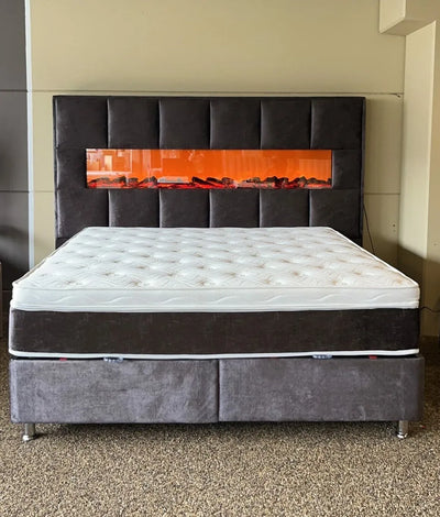 Vulcano | Luxe Boxspring met Open Haard en opbergruimte | 140×200 tot 200×200 | Grijs | Meerdere kleuren beschikbaar